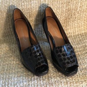 A. Marinelli Leather Peep-Toe Espresso Heels